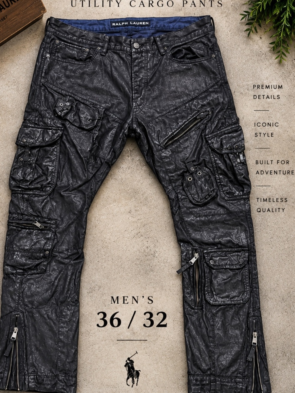 Ralph Lauren Black Textured Utility Cargo Pants